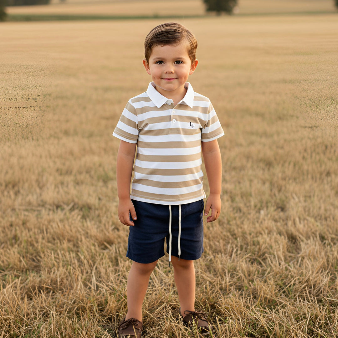 Boys Rugby Polo Shirt - Beige Stripe