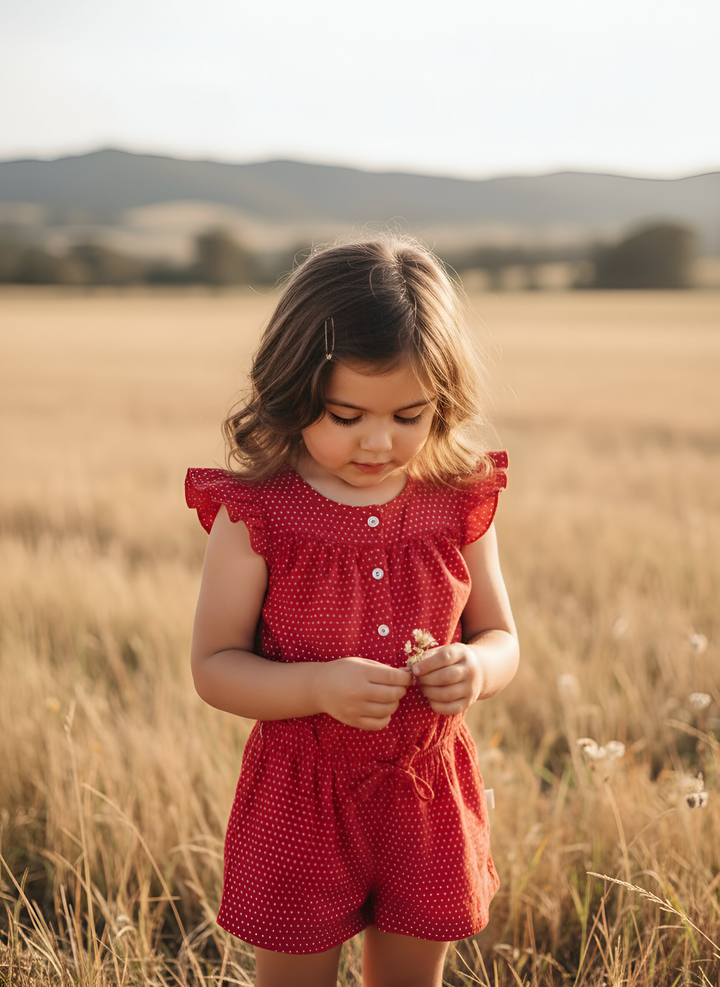 Girls Chloe Playsuit -  Red Polka Dots