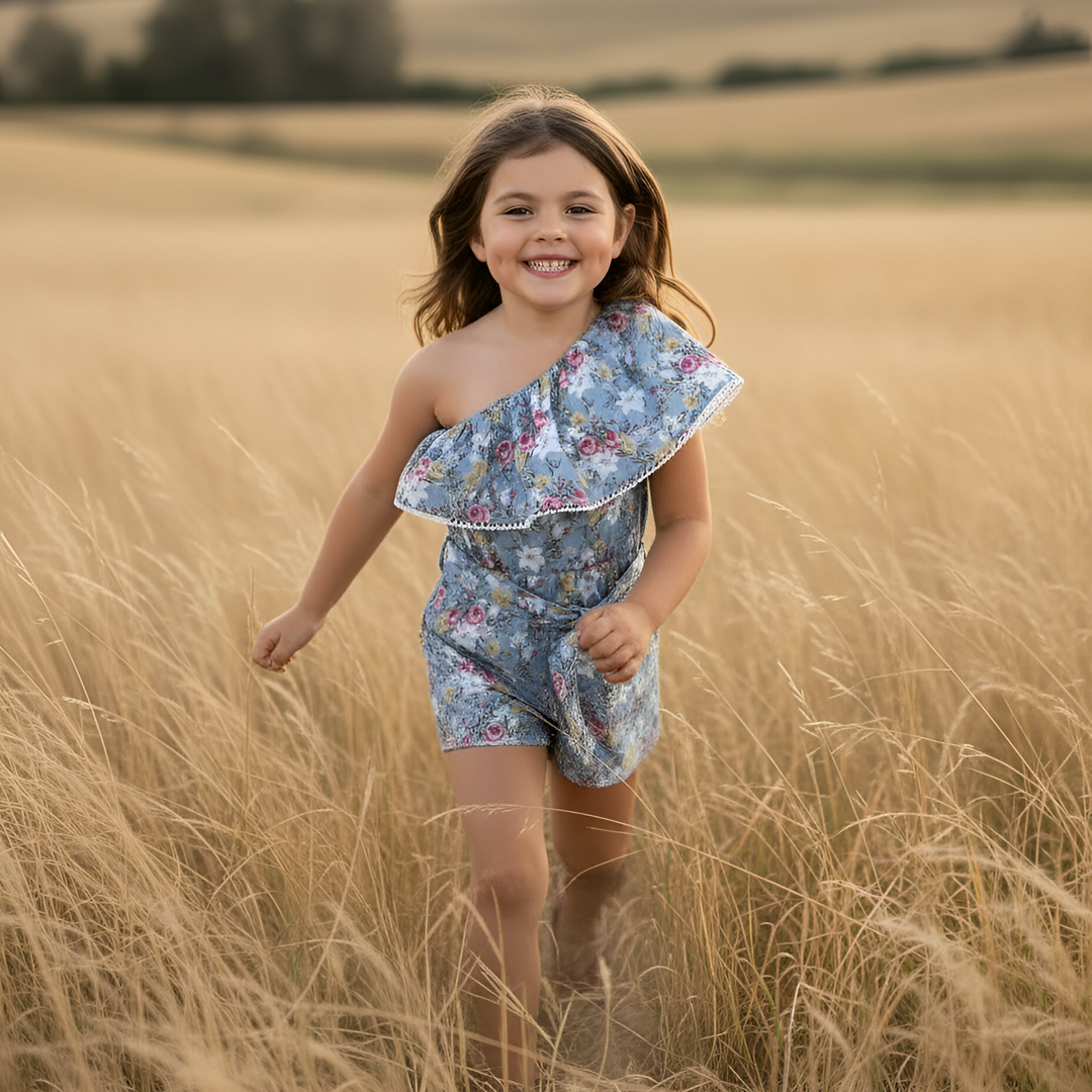 Girls Rosie One-Shoulder Playsuit - Blue Blossom