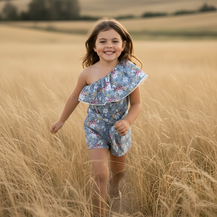 Girls Rosie One-Shoulder Playsuit - Blue Blossom