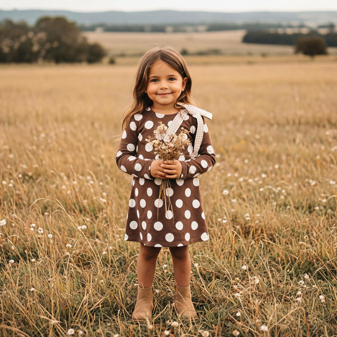 Girls Mary Dress -  Brown/White Spot