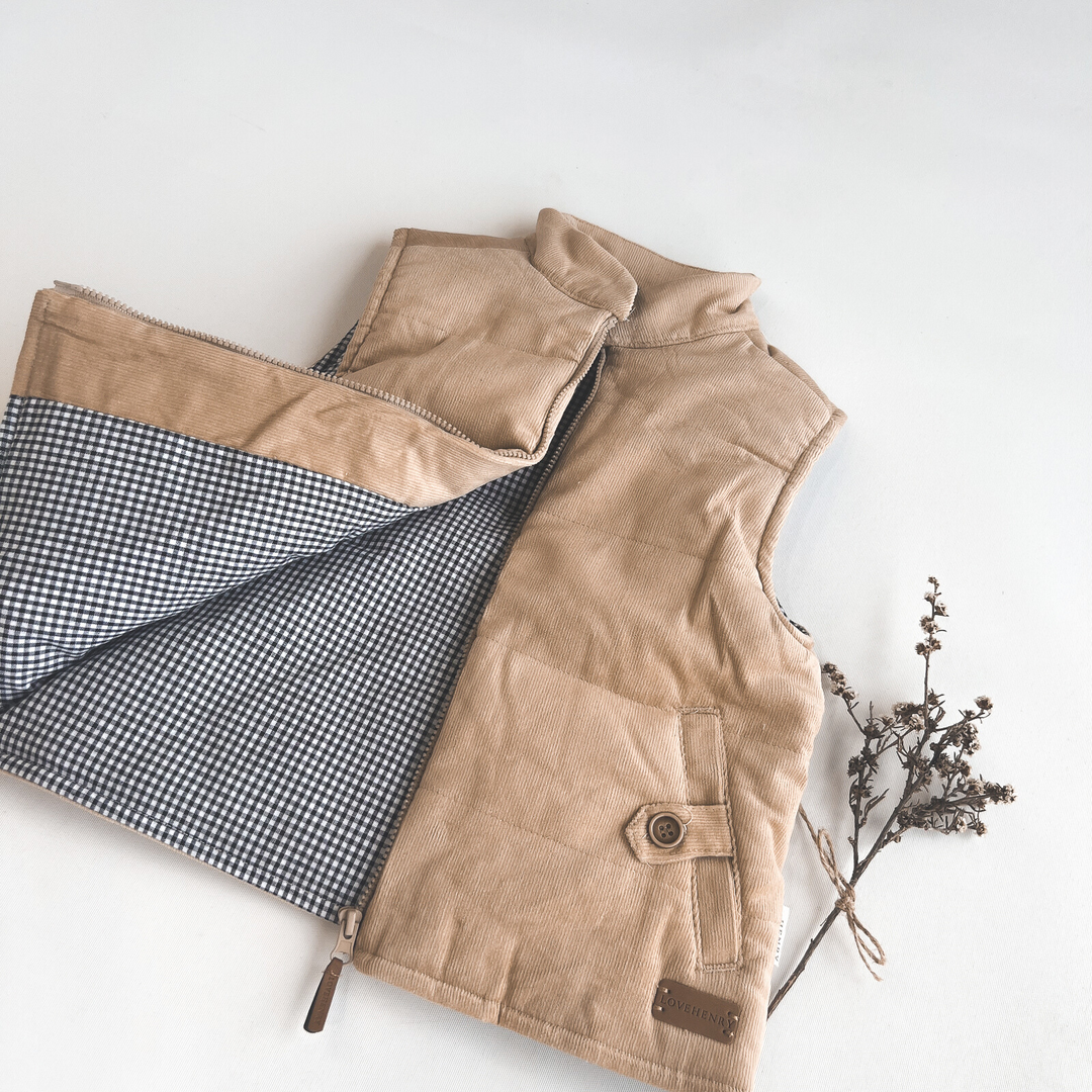 Boys Cooper Puffer Vest - Tan Corduroy
