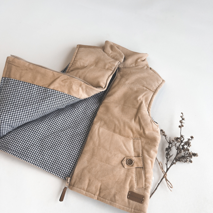 Boys Cooper Puffer Vest - Tan Corduroy