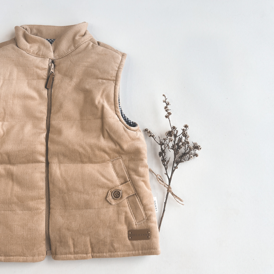 Boys Cooper Puffer Vest - Tan Corduroy