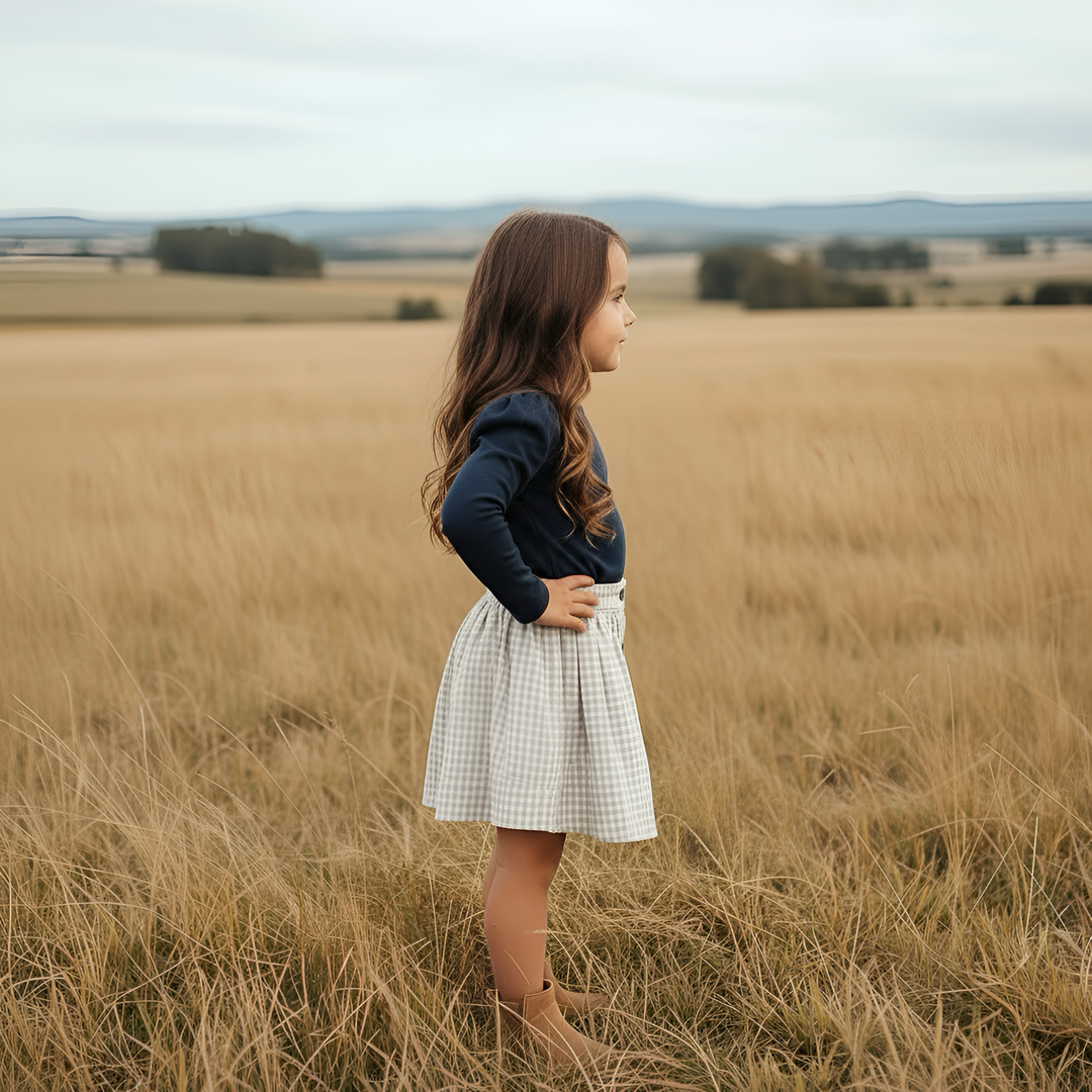 Girls Full Button Skirt - Beige Gingham