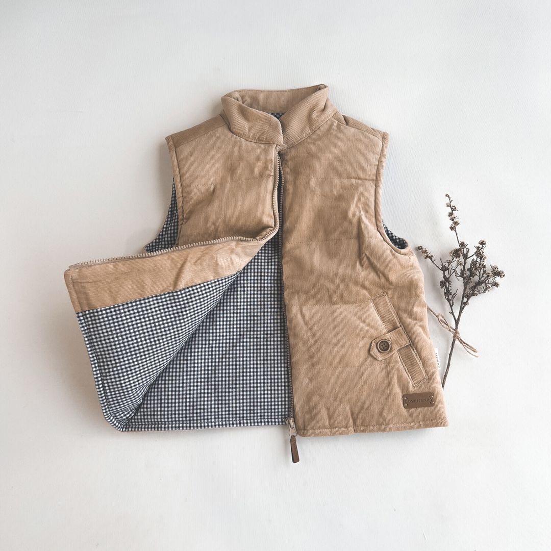 Boys Cooper Puffer Vest - Tan Corduroy