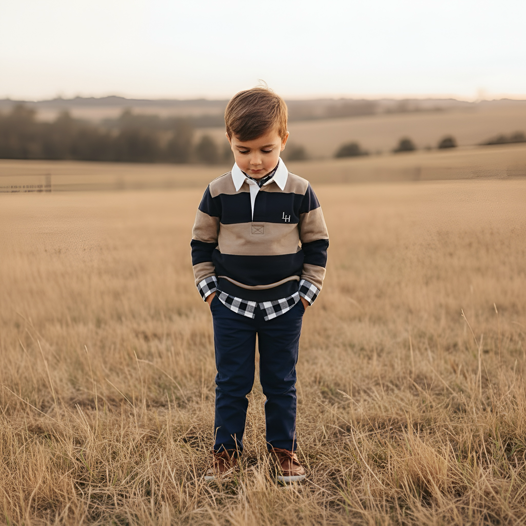 Boys Freddie Rugby Polo - Mocha Stripe