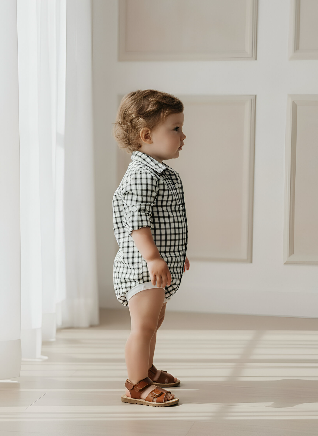 Baby Boys Oxford Dress Shirt Romper -  Green Check 26