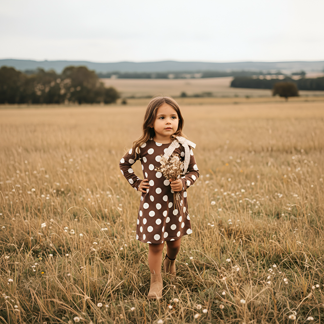 Girls Mary Dress -  Brown/White Spot
