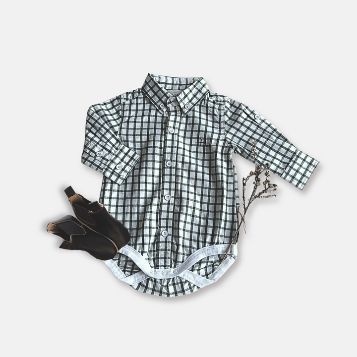 Baby Boys Oxford Shirt Romper - Green Check