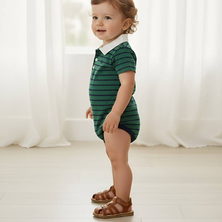 Baby Boys Rugby Polo Romper - Green Navy Stripe 26