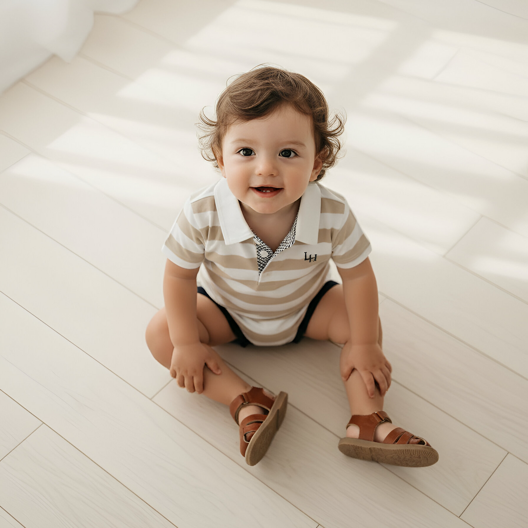 Baby Boys Rugby Polo Romper - Beige Stripe