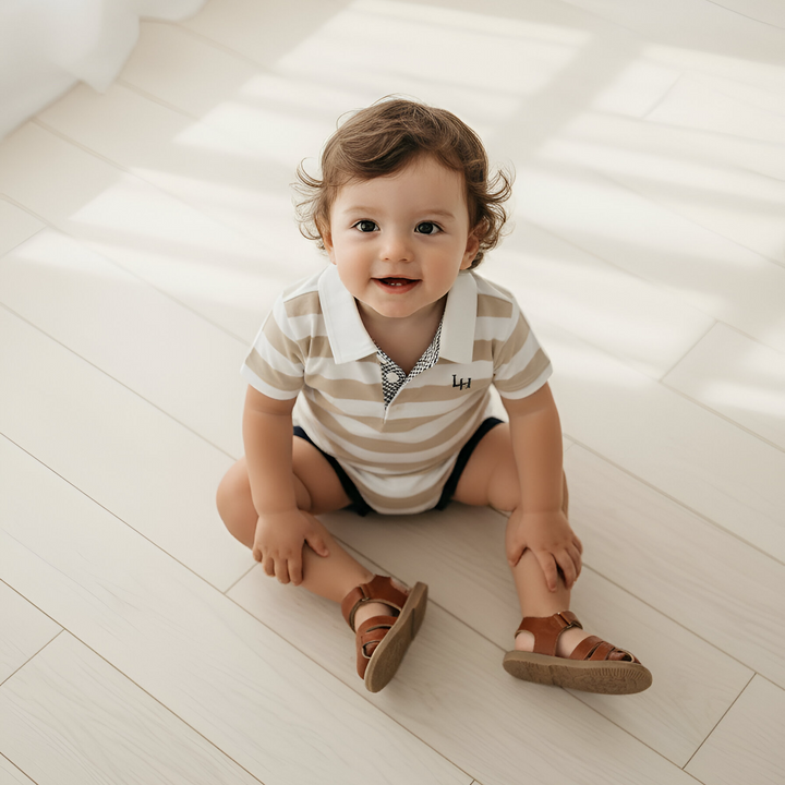 Baby Boys Rugby Polo Romper - Beige Stripe