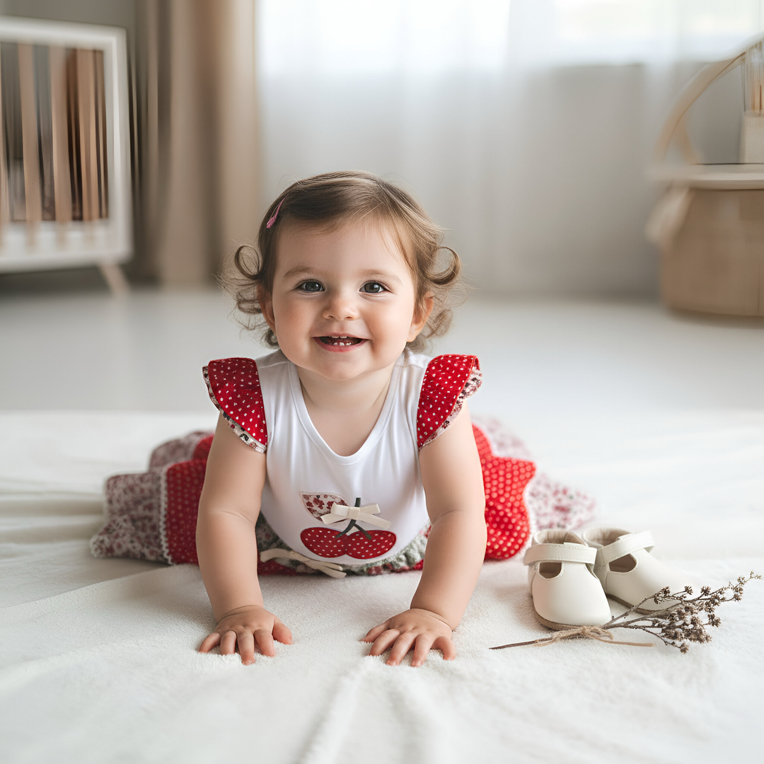 Baby Girls Applique Top - Red Cherries
