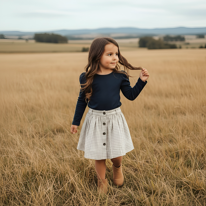 Girls Full Button Skirt - Beige Gingham