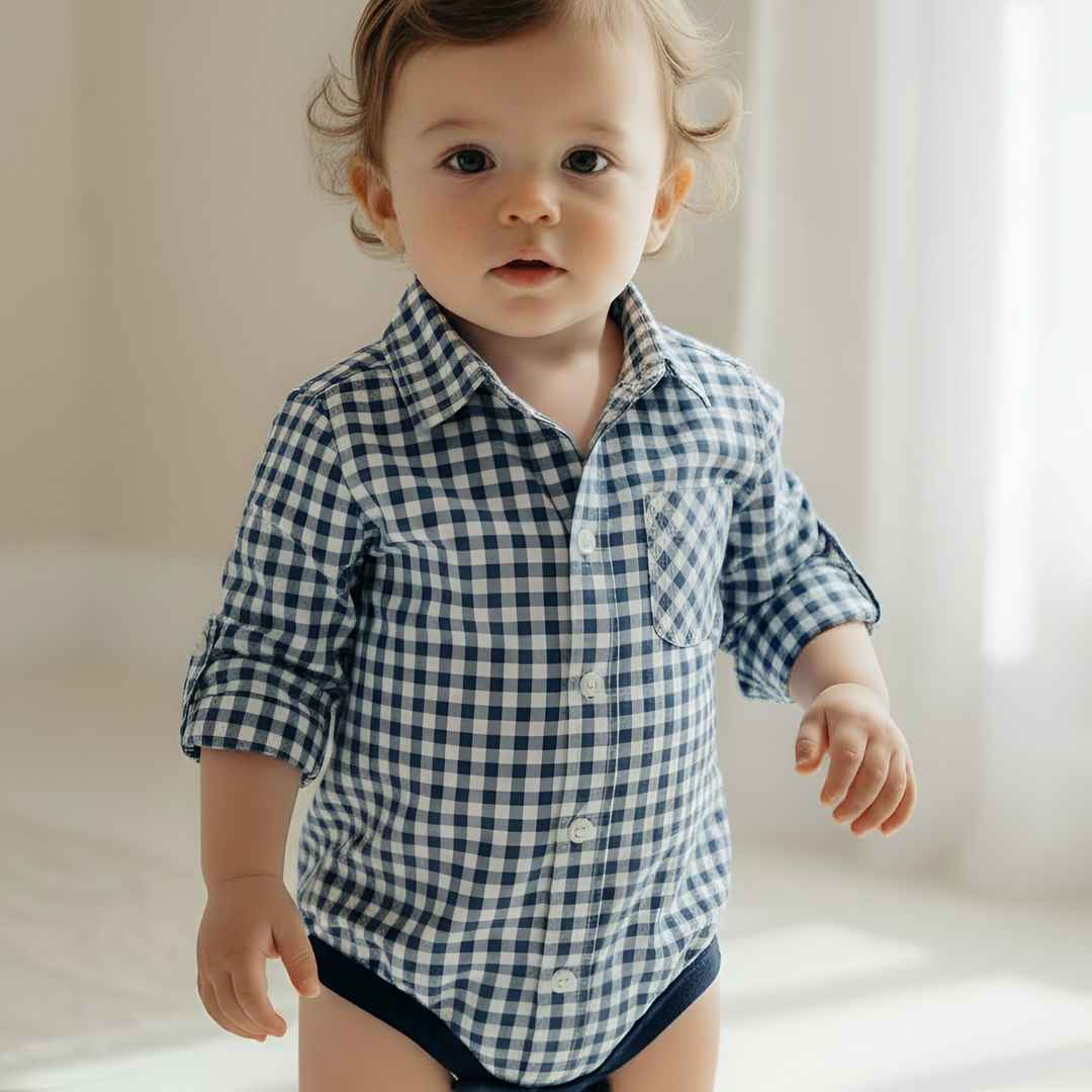 Baby Boys Dress Shirt Romper -  Blue Check 26