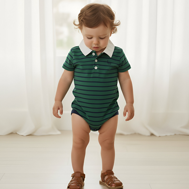 Baby Boys Rugby Polo Romper - Green Navy Stripe 26