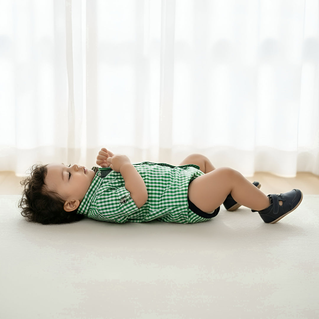 Baby Boys Dress Shirt Romper -  Bright Green Check