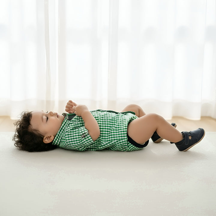 Baby Boys Dress Shirt Romper -  Bright Green Check