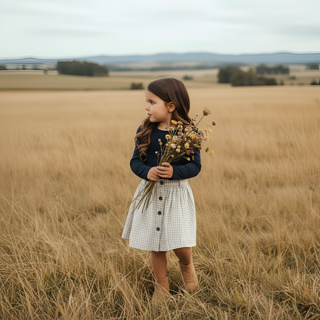 Girls Full Button Skirt - Beige Gingham