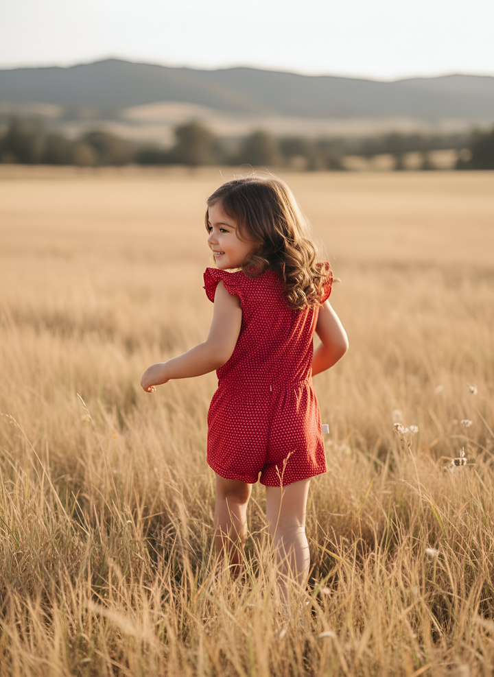 Girls Chloe Playsuit -  Red Polka Dots