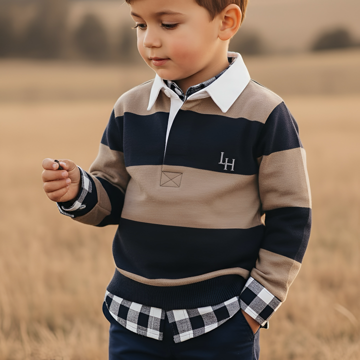 Boys Freddie Rugby Polo - Mocha Stripe