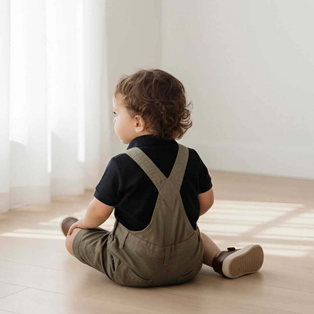 Baby Boys Roy Dungaree - Olive Brown Linen