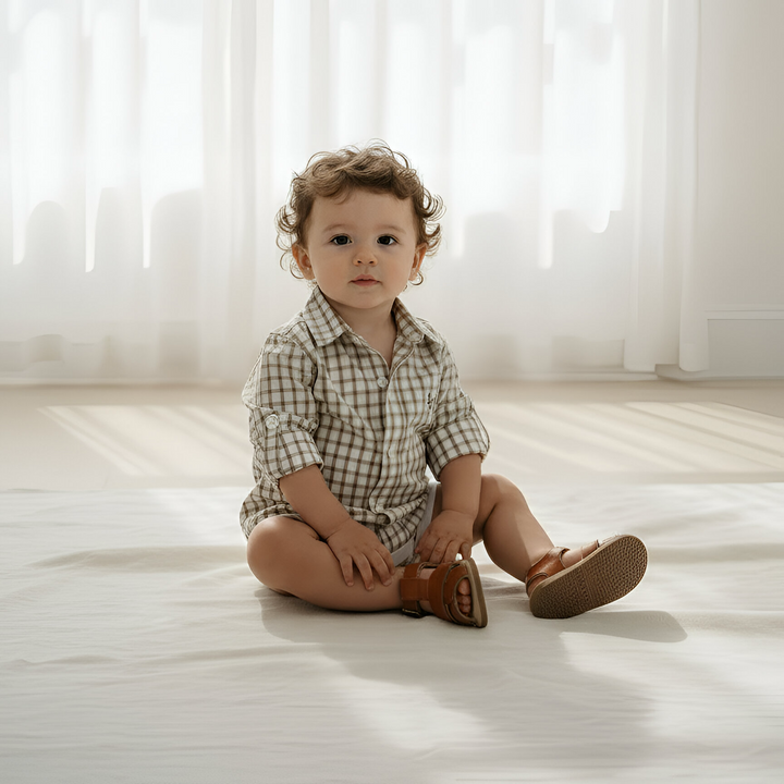 Baby Boys Oxford Dress Shirt Romper -  Tan Check 26