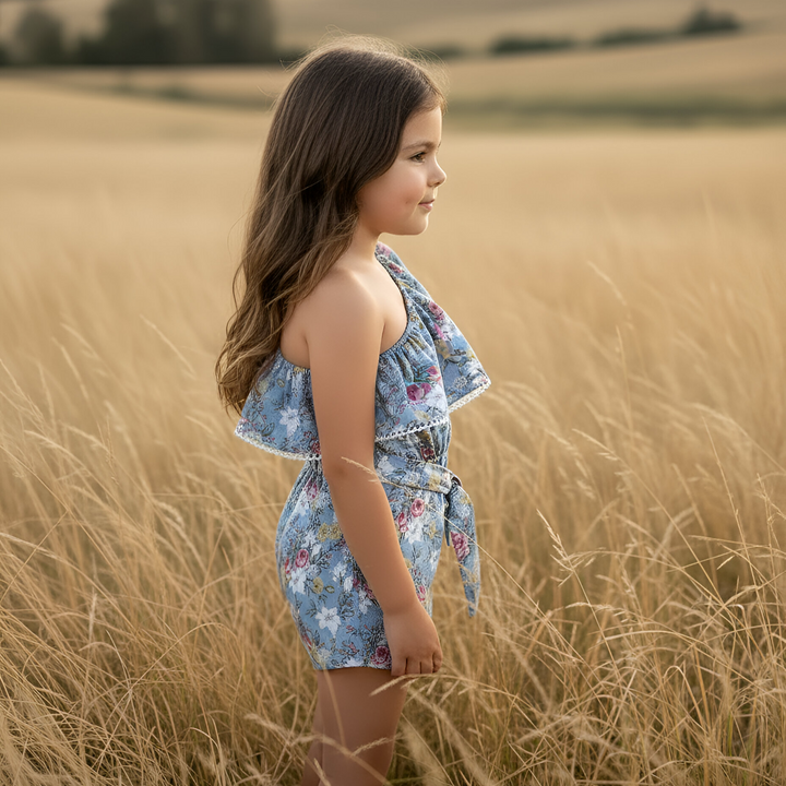 Girls Rosie One-Shoulder Playsuit - Blue Blossom