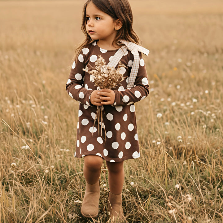 Girls Mary Dress -  Brown/White Spot