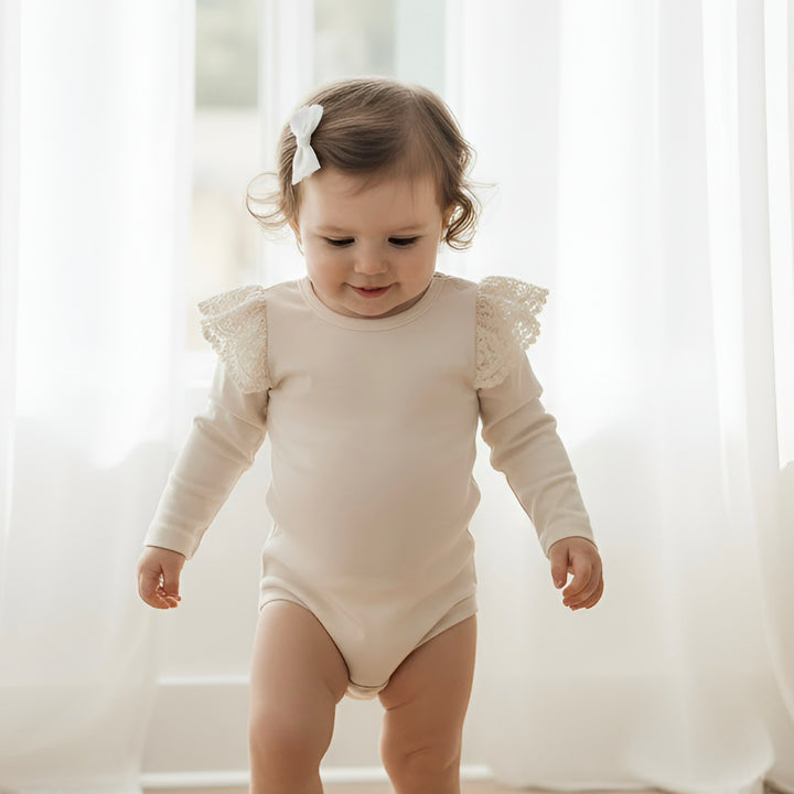 Baby Girls Lace Sleeve Romper - Beige