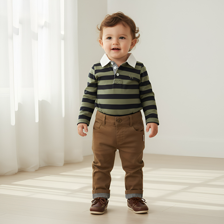 Baby Boys Freddie Polo Romper - Olive/Navy Stripe