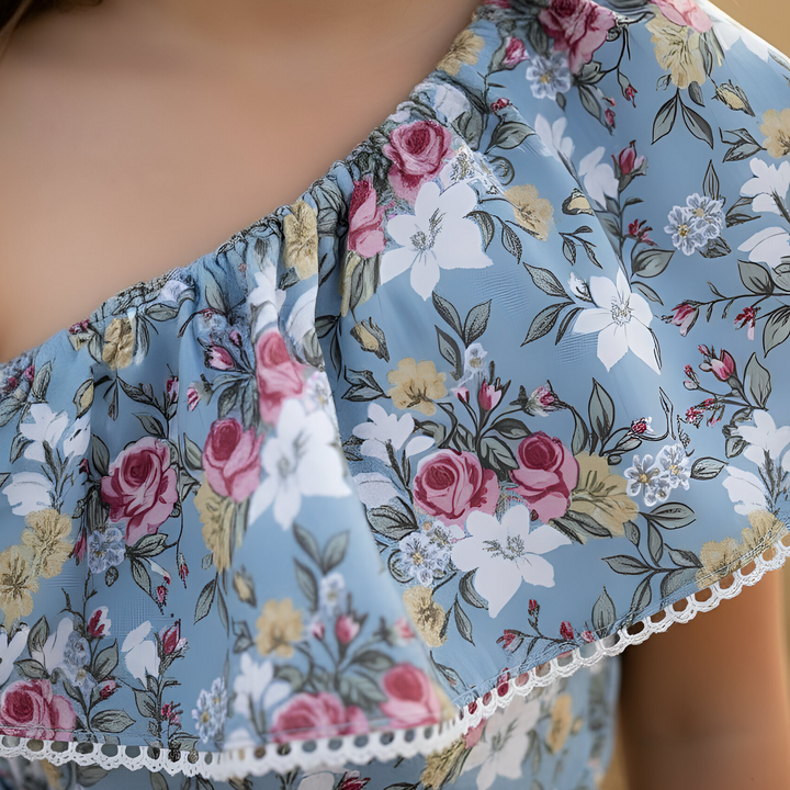 Girls Rosie One-Shoulder Playsuit - Blue Blossom