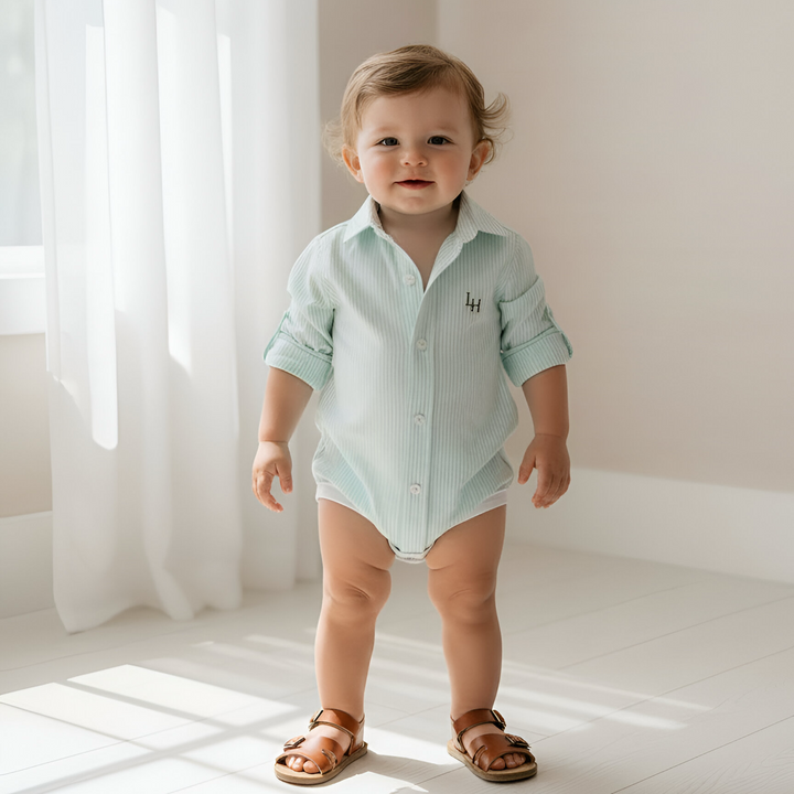 Baby Boys Oxford Dress Shirt Romper -  Mint Pinstripe 26