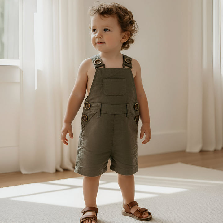 Baby Boys Roy Dungaree - Olive Brown Linen