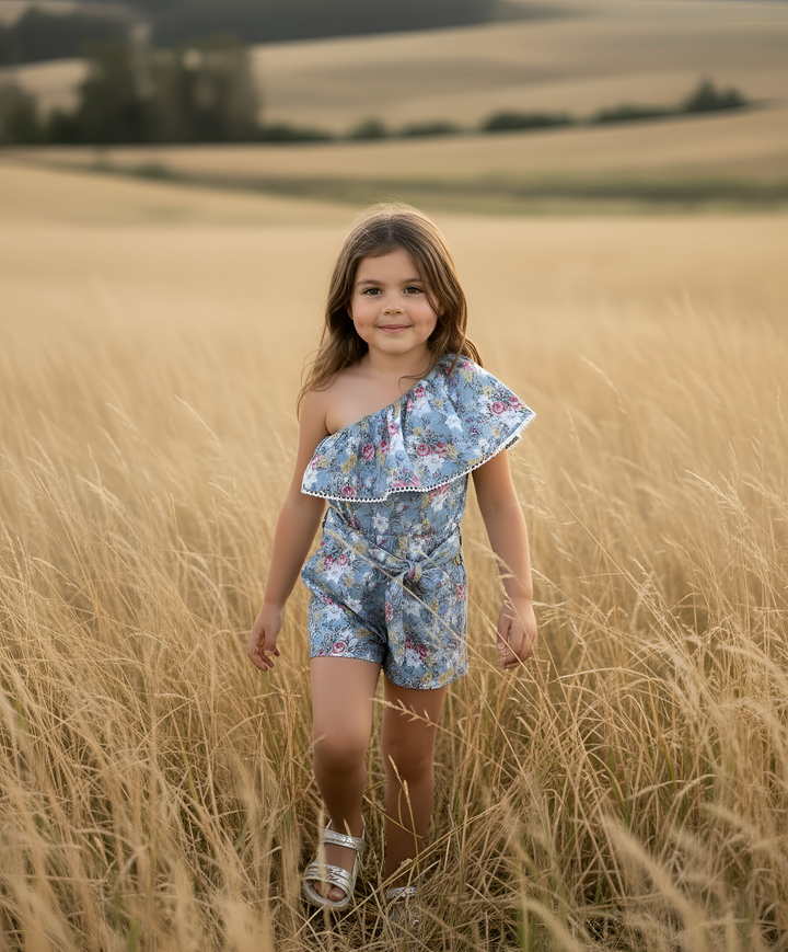 Girls Rosie One-Shoulder Playsuit - Blue Blossom
