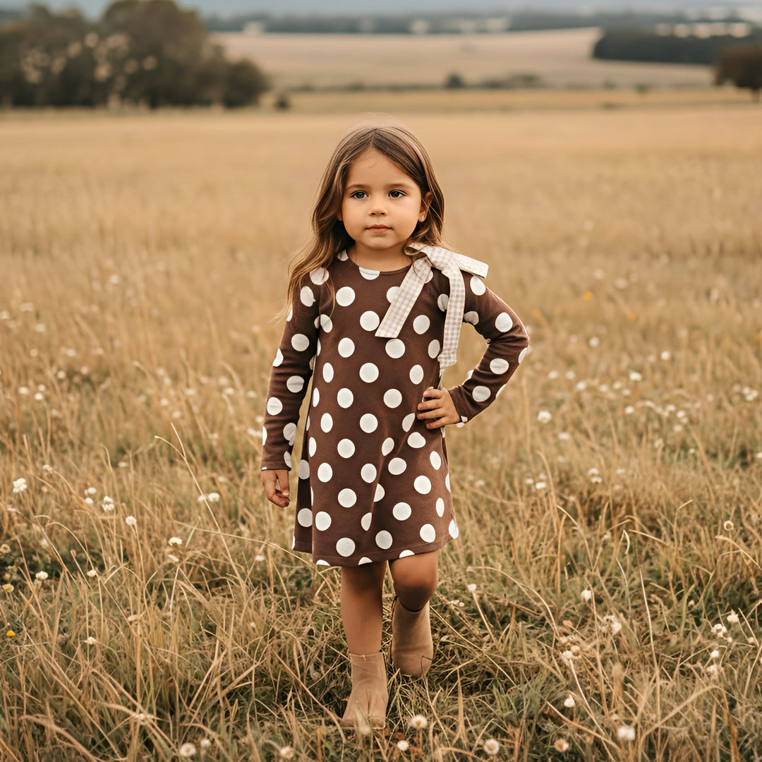 Girls Mary Dress -  Brown/White Spot