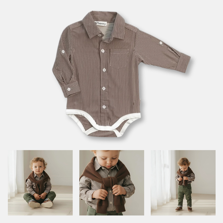 Baby Boys Oxford Dress Shirt Romper - Chestnut Stripe