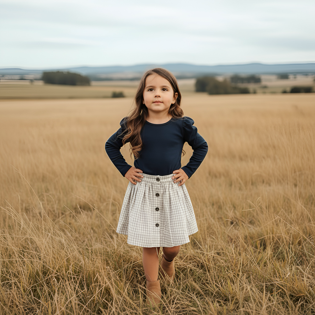 Girls Full Button Skirt - Beige Gingham