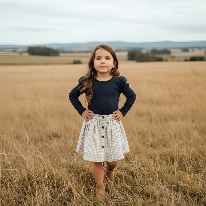 Girls Full Button Skirt - Beige Gingham