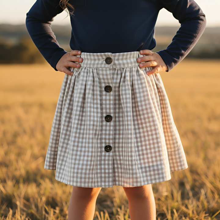 Girls Full Button Skirt - Beige Gingham