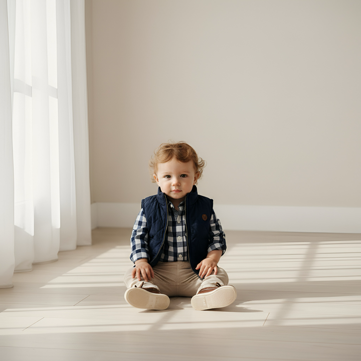 Baby Boys Dress Shirt Romper -  Large Navy Check