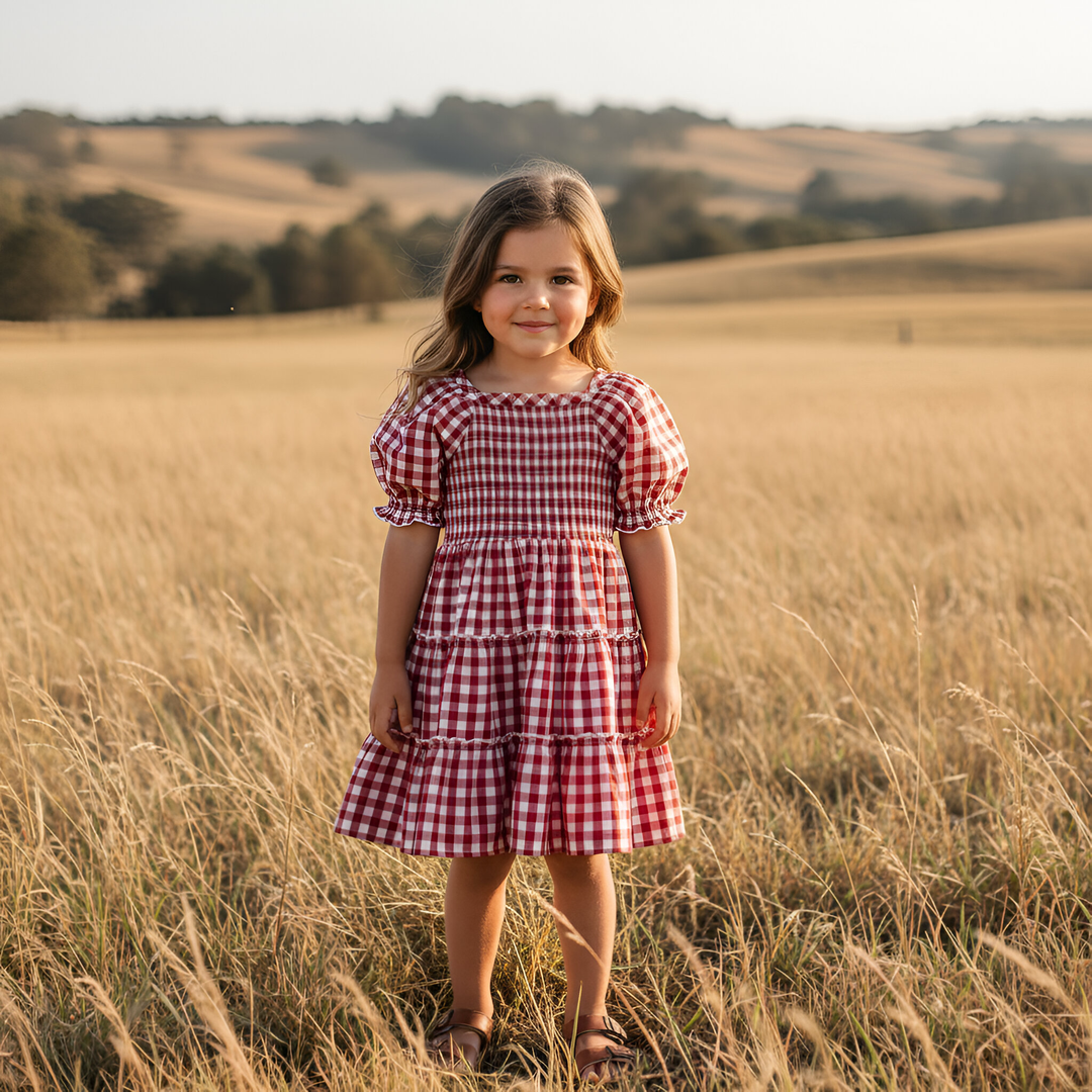 Girls Daisy Dress - Red Check 26