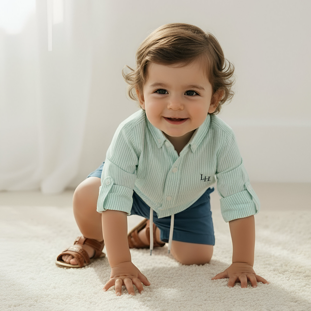 Baby Boys Oxford Dress Shirt Romper -  Mint Pinstripe 26