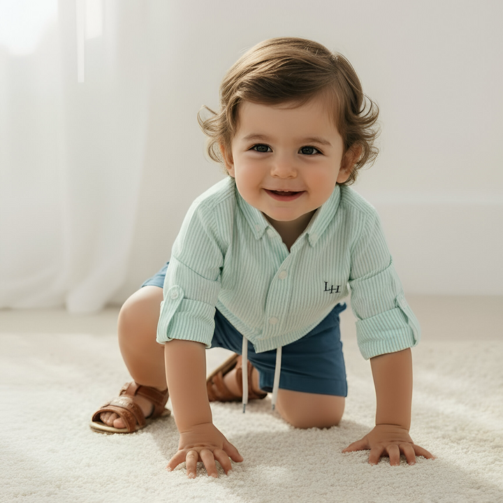 Baby Boys Oxford Dress Shirt Romper -  Mint Pinstripe 26