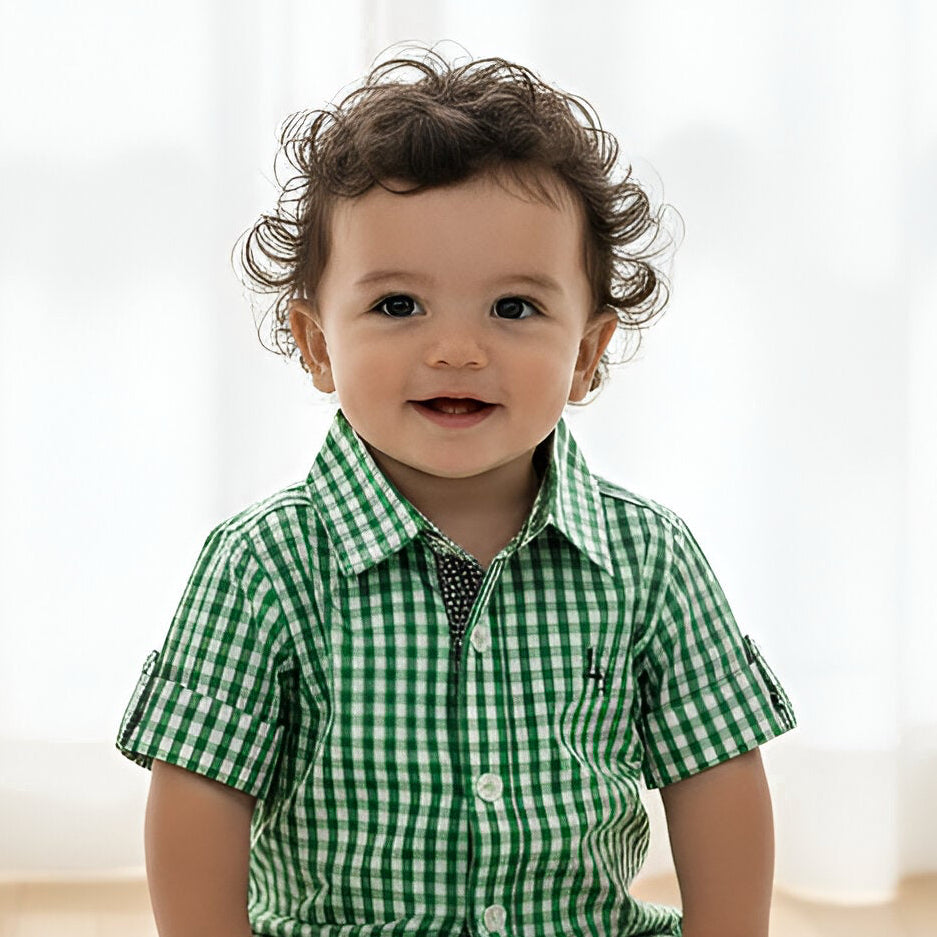 Baby Boys Dress Shirt Romper -  Bright Green Check