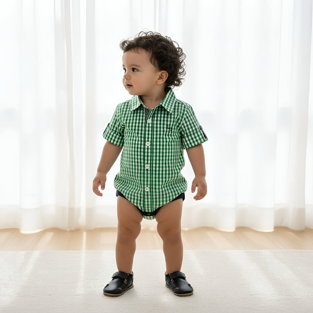 Baby Boys Dress Shirt Romper -  Bright Green Check