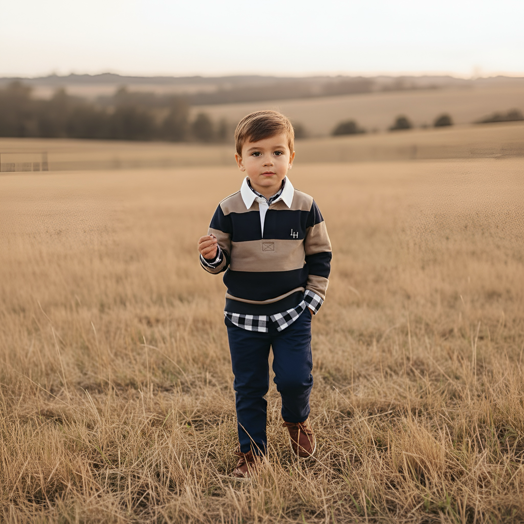 Boys Freddie Rugby Polo - Mocha Stripe