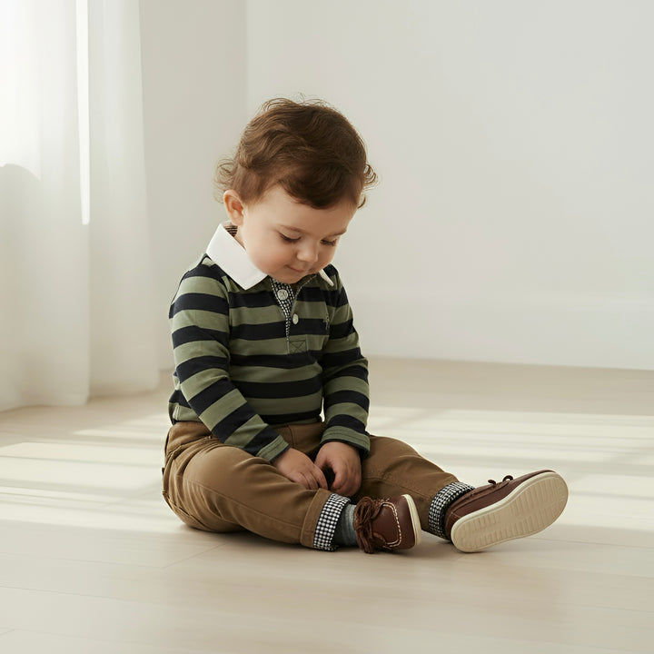 Baby Boys Freddie Polo Romper - Olive/Navy Stripe