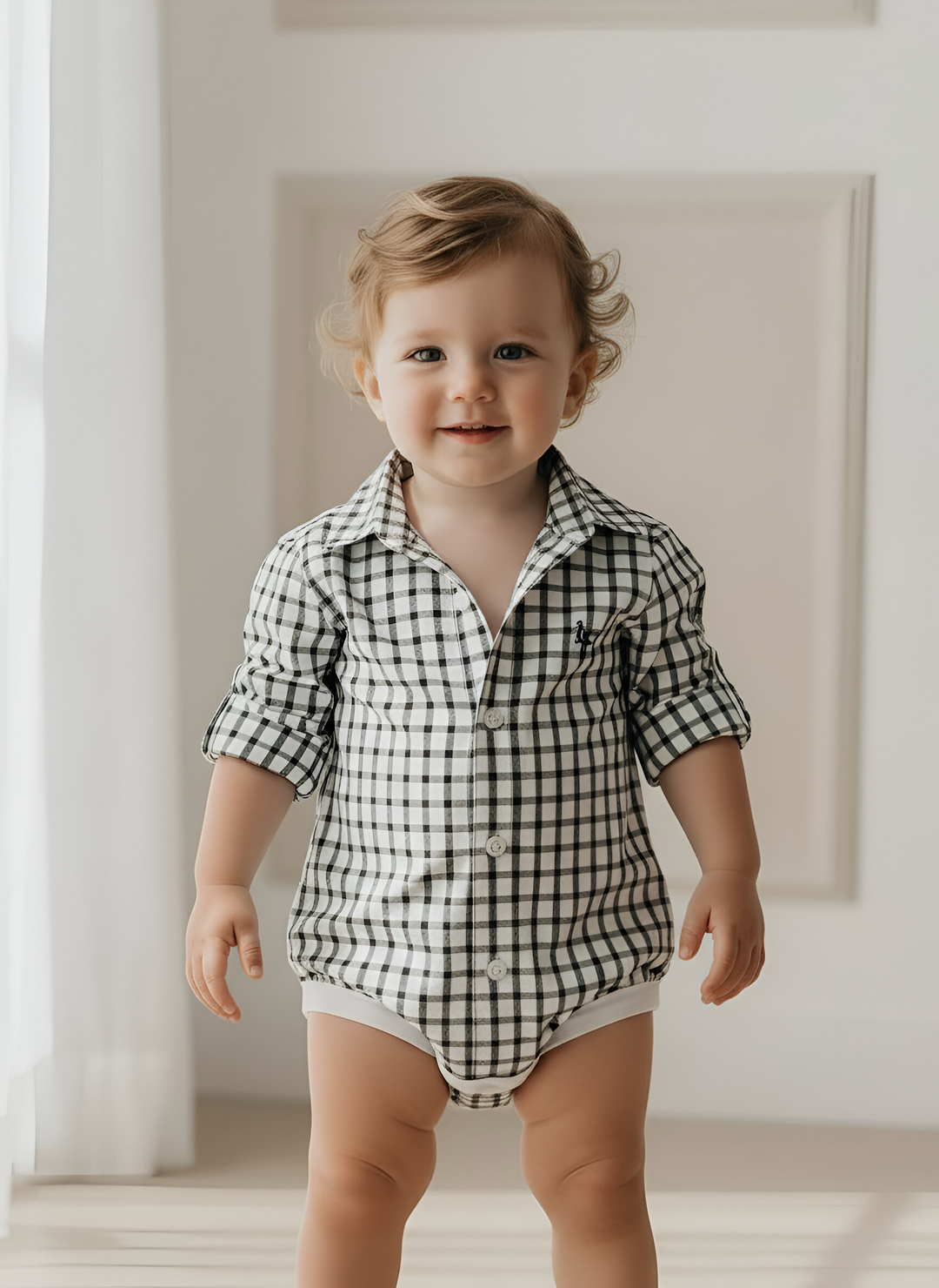 Baby Boys Oxford Dress Shirt Romper -  Green Check 26